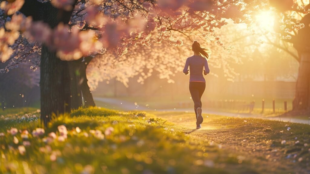 ai generated, woman, jogging, running, exercise, fitness, spring, outdoors, active, runner, training, cardio, health, lifestyle, movement, sportswear, nature, sport, park