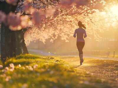 ai generated, woman, jogging, running, exercise, fitness, spring, outdoors, active, runner, training, cardio, health, lifestyle, movement, sportswear, nature, sport, park