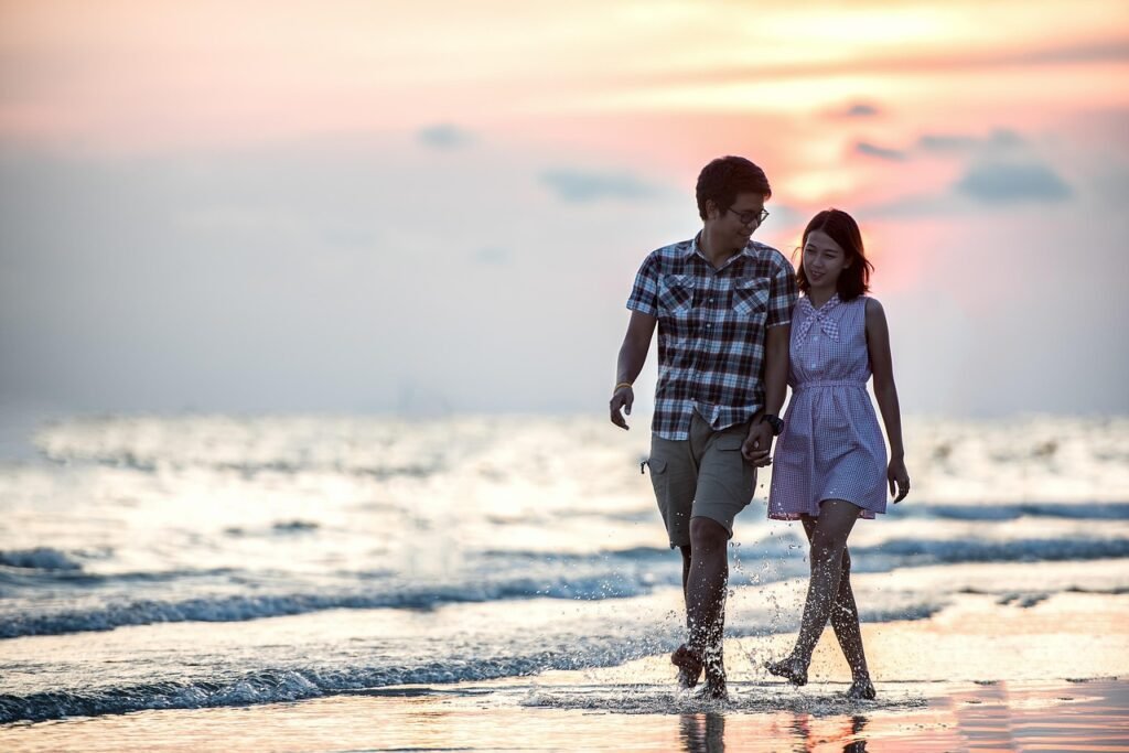 happy valentines day, couple, holding hands, beach, lovers, affection, walk, walking, together, walking together, asian couple, shore, seashore, affectionate, happy couple, love, outdoor, smiling, relationship, pair, girl, sea, ocean, seaside, nature, people, water, asia