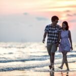 happy valentines day, couple, holding hands, beach, lovers, affection, walk, walking, together, walking together, asian couple, shore, seashore, affectionate, happy couple, love, outdoor, smiling, relationship, pair, girl, sea, ocean, seaside, nature, people, water, asia